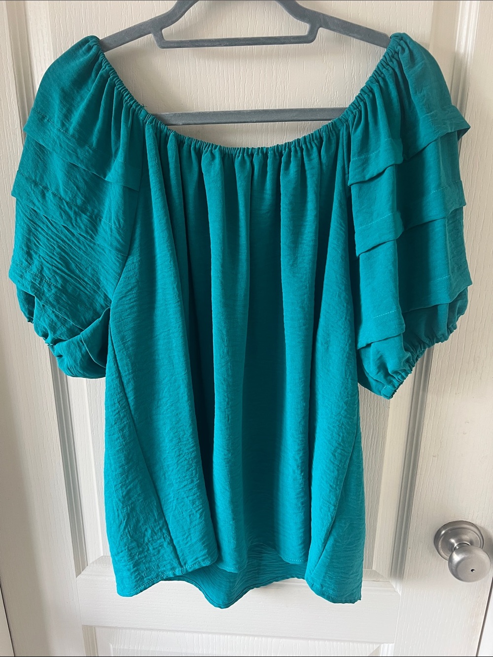 Umgee Teal Off-Shoulder Ruffled Sleeve Tunic